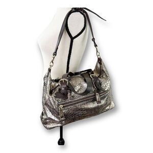 Cole Haan Reptile‎ Embossed Gold Slouchy Convertible Satchel Bag Vintage Large